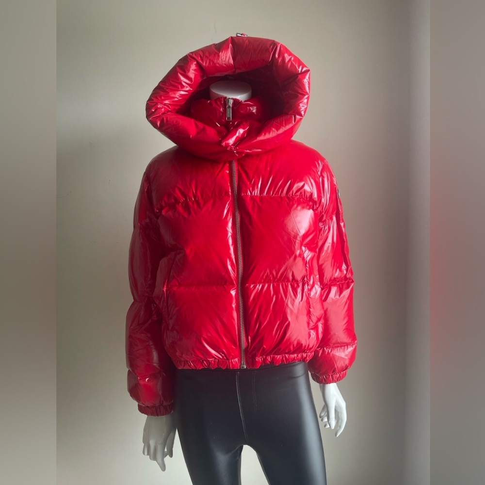 Michael Michael Kors Red Logo Puffer Jacket Hooded Cropped Glossy Size S